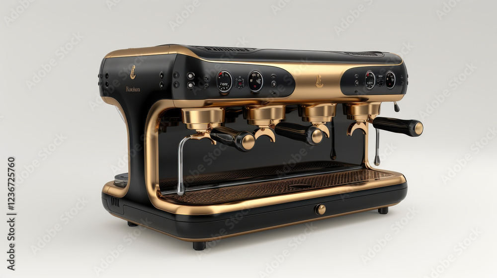 Sleek espresso machine with gold accents on clean white background, perfect for coffee lovers Sleek espresso machine with gold accents on clean white background, perfect for coffee lovers