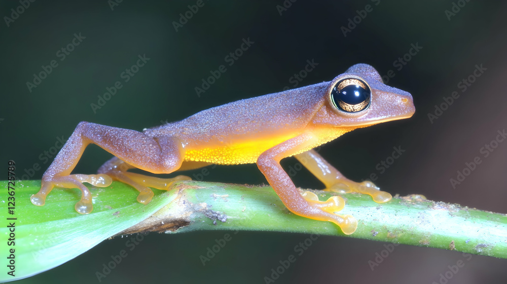 Fototapeta premium Tiny yellow frog perched on a leaf, rainforest background, wildlife photography for nature documentaries