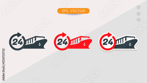 24 hour cargo fast delivery symbol with ocean ship icon and arrow clock, flat icon design for apps and websites, Isolated on white background, Vector illustration