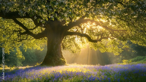 A magnificent, sprawling tree with lush green leaves and delicate white flowers, bathed in golden sunlight streaming through its branches. The scene features a vibrant field of bluebells in the foregr photo