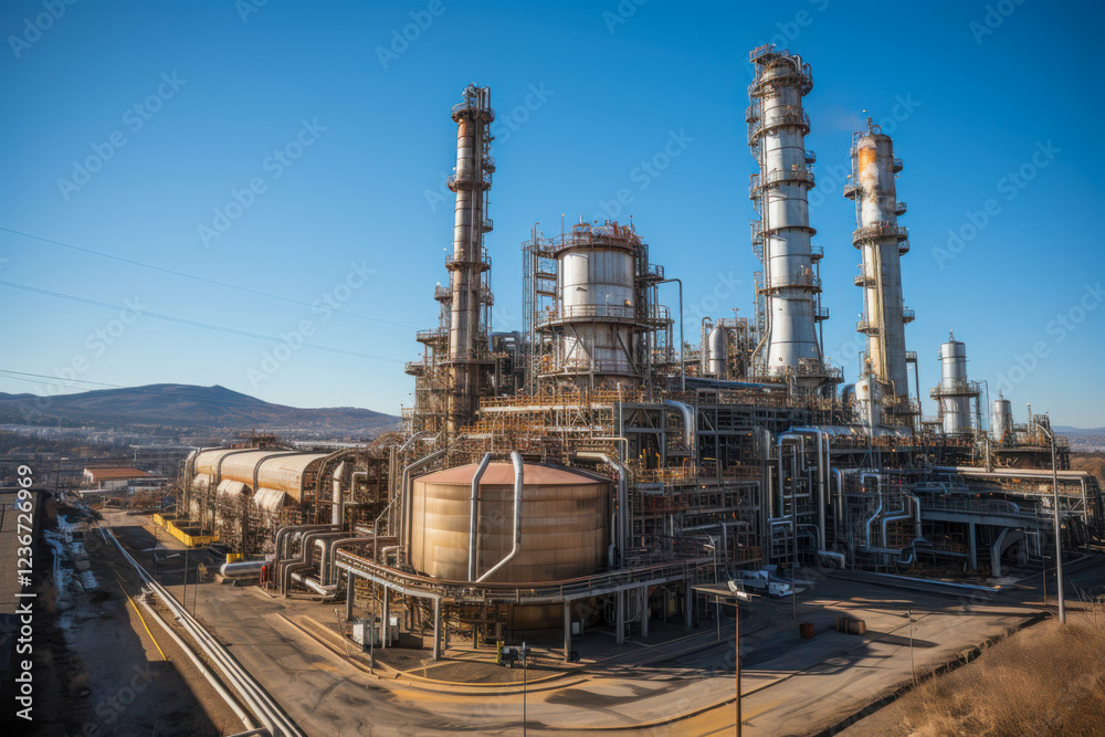 Rusted infrastructure of an oil and gas plant under a clear blue sky in a remote industrial area reflecting years of operation and maintenance challenges Rusted infrastructure of an oil and gas plant under a clear blue sky in a remote industrial area reflecting years of operation and maintenance challenges