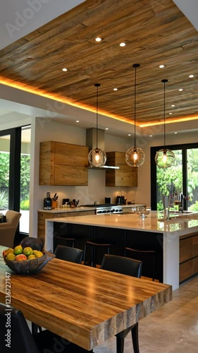 Modern kitchen with natural wood accents and bright lighting in a spacious home