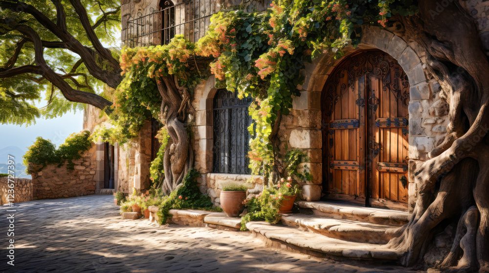 Rustic wooden door framed by lush greenery and charming lights in a quaint stone wall setting Rustic wooden door framed by lush greenery and charming lights in a quaint stone wall setting