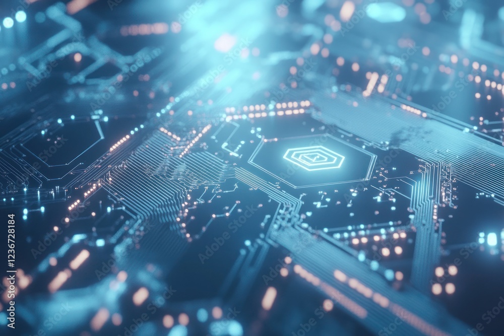 Close up of an illuminated motherboard with a hexagonal icon in the center, useful for tech projects Close up of an illuminated motherboard with a hexagonal icon in the center, useful for tech projects