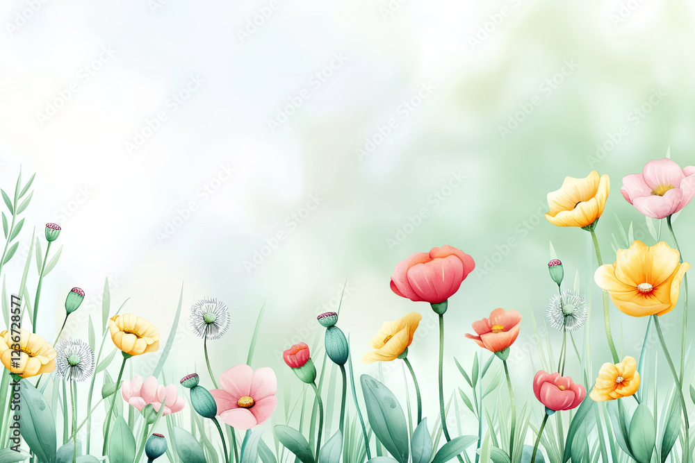 Fototapeta premium Watercolor illustration of colorful wildflowers with soft green background