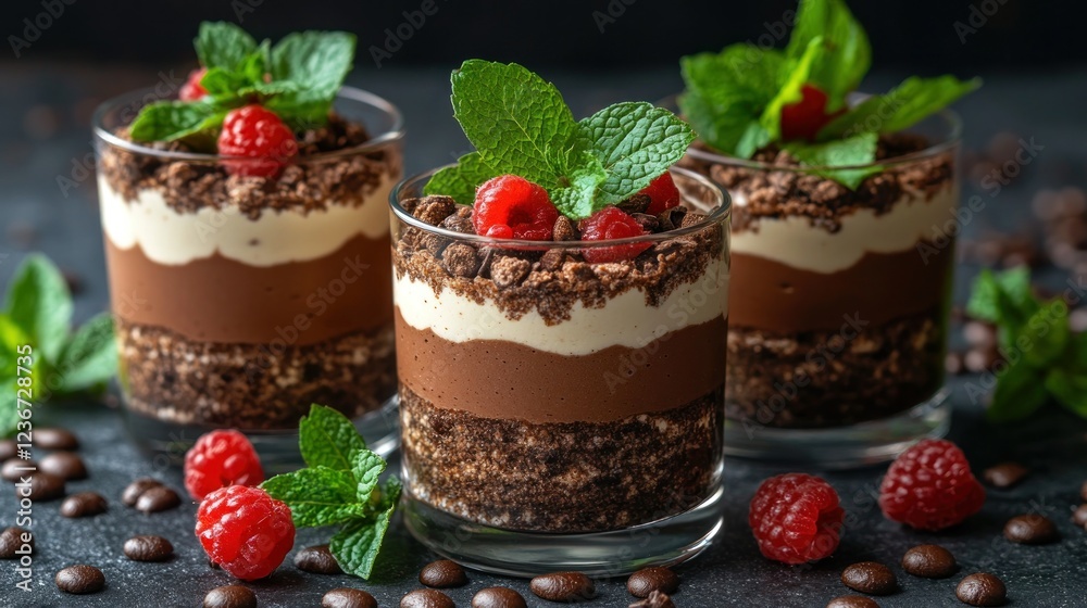 Chocolate raspberry parfaits in glasses, garnished with mint, on dark background with coffee beans Chocolate raspberry parfaits in glasses, garnished with mint, on dark background with coffee beans
