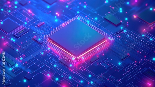 CPU glowing on circuit board, technology background, digital future