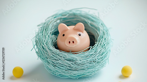 Ceramic pig resting in a pastel blue nest with yellow balls, captured in a minimalist setting that highlights playful contrasts and whimsical charm photo