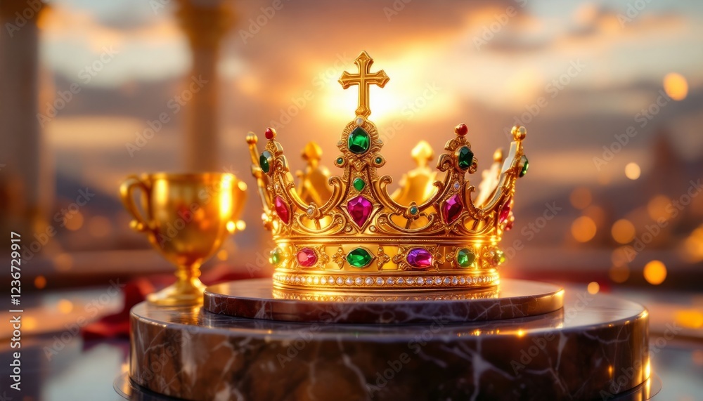 Obraz premium Majestic Golden Crown with Gemstones at Sunset Regal Achievement and Power Symbol