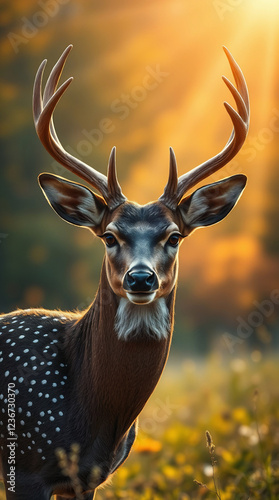 Epic scene, modern future aesthetic  A majestic deer, large scale, heroic elements. Bright lens flare, vibrant colors and light streaks illuminate a sunlit meadow, autumnal backdrop.  Speckled