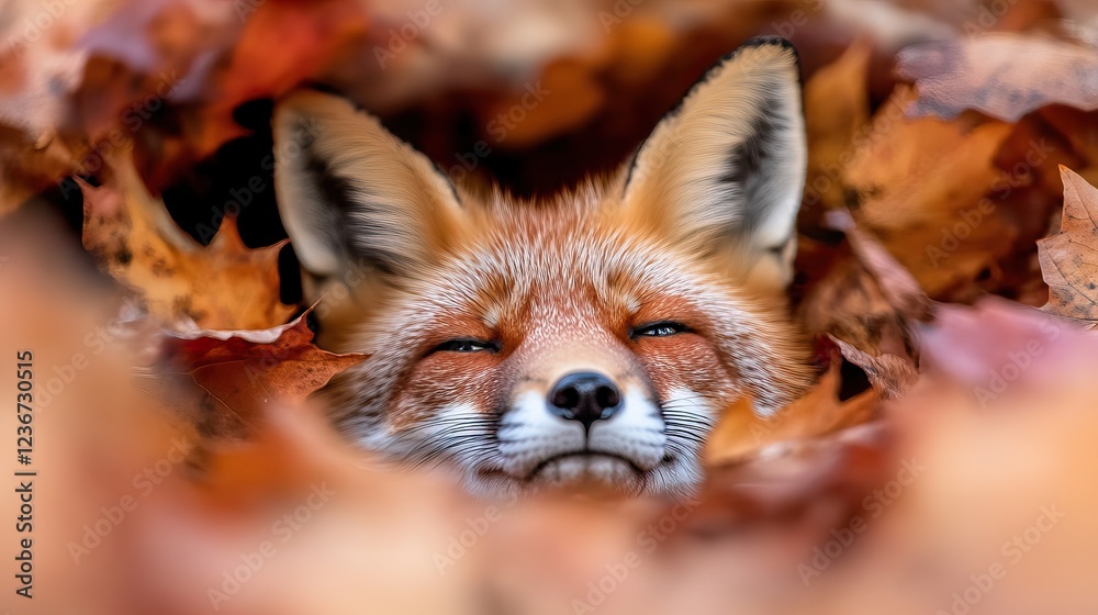 Fototapeta premium A fox peeks through vibrant autumn leaves, showcasing its beautiful fur and peaceful expression in a serene natural setting.