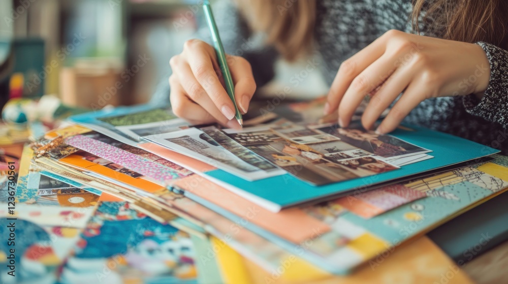 Fototapeta premium Crafting Memories: A Woman Designing a Scrapbook Filled with Cherished Photographs and Colorful Papers