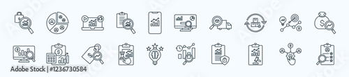 Business analytics thin icon set containing fraud detection, customer segmentation, social media analytics, text analysis, mobile analytics
