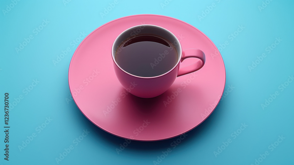 vibrant coffee cup sits on pink plate against striking blue background, creating cheerful atmosphere vibrant coffee cup sits on pink plate against striking blue background, creating cheerful atmosphere