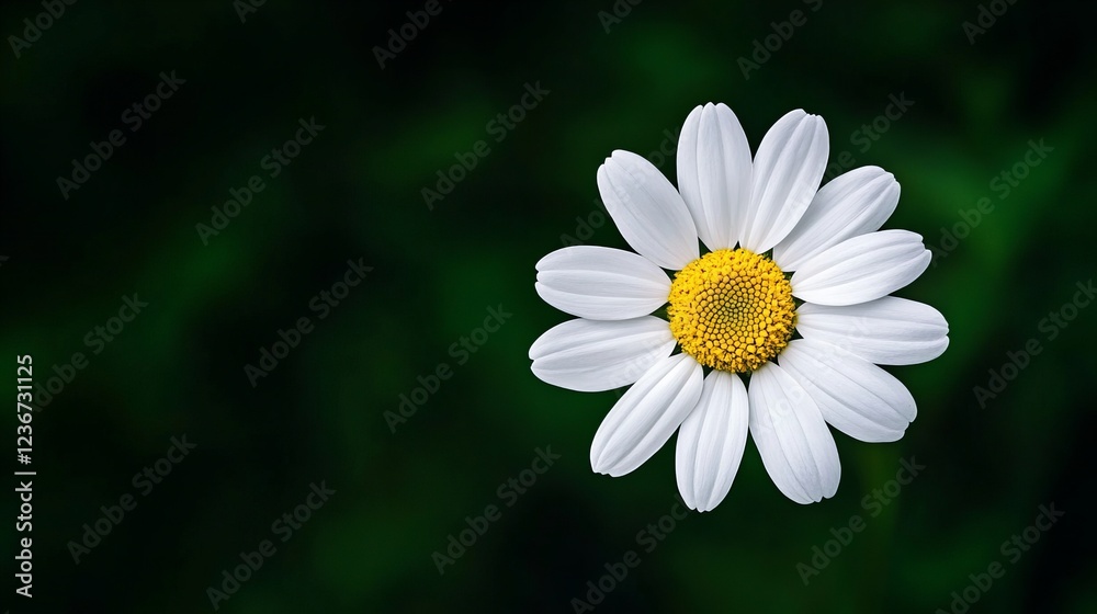 Fototapeta premium Delicate white daisy against a dark green background.