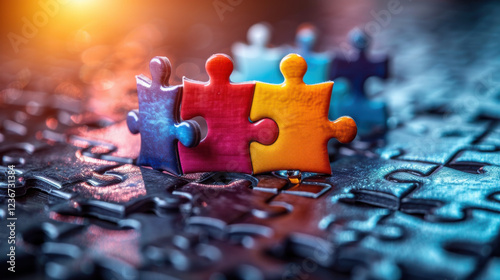 Vibrant glossy puzzle pieces stand out against dark background, creating striking visual