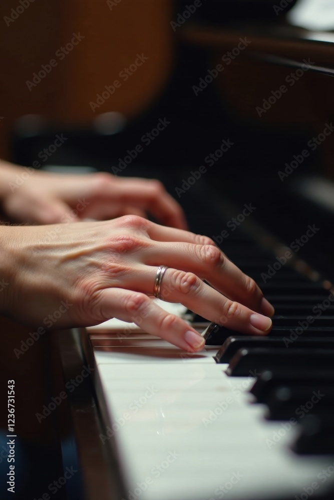 Close-up of delicate hands on piano; musical notes flow , musician, artist, rhythm Close-up of delicate hands on piano; musical notes flow , musician, artist, rhythm