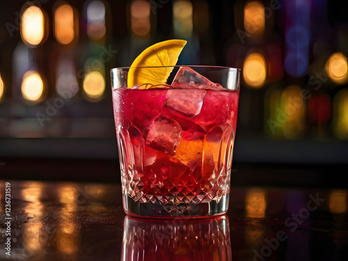 Cosmopolitan Cocktail: A tantalizingly red cocktail with a fresh orange garnish sits on a dark bartop, bathed in a warm glow. The ice glistens.