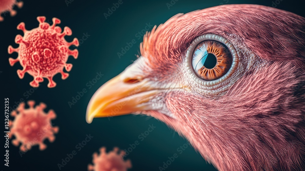 Bird Flu Concept, Dramatic Close-Up of Bird's Eye Reflecting Vibrant Colors and Viral Particles in Artistic Visualization Bird Flu Concept, Dramatic Close-Up of Bird's Eye Reflecting Vibrant Colors and Viral Particles in Artistic Visualization