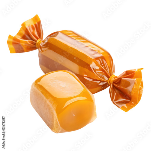 Sweet chocolate candies with caramel topping on white background