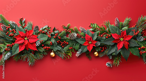 Vibrant poinsettia flowers and festive greenery create cheerful holiday decoration against deep red background
