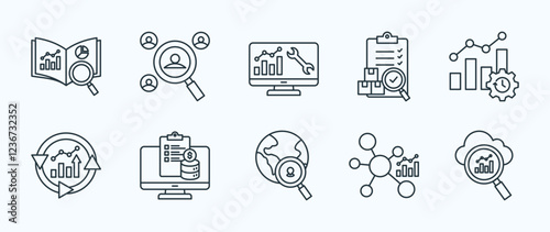 Business analytics thin icon set containing learning analytics, recruitment analysis, predictive maintenance, quality control, operational efficiency
