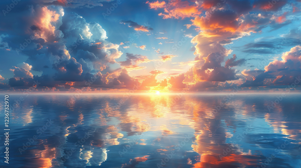 Vibrant sunrise over calm ocean with colorful sky and reflections Vibrant sunrise over calm ocean with colorful sky and reflections