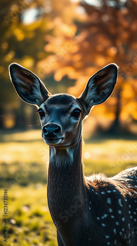 High contrast, low-key lighting A graceful deer in a sunlit meadow, autumnal trees in the background.  Adorable deer with charming features, deep shadows create dramatic effect.  Soft speckled