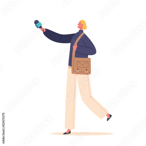 Journalist Female Character Stand with Microphone. Woman Interviewing, Visiting Press Conference or Briefing, Reportage