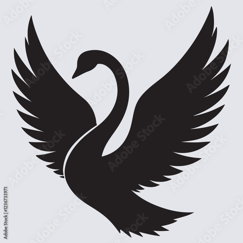 a swan spreading its wings wide silhouette vector art illustration, black and white swan photo