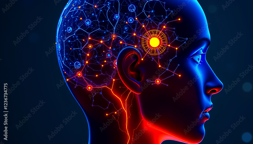 Side view of a humanoid head with blue and yellow eyes and vibrant neon neural network, robot face, representing futuristic technology and artificial intelligence. Generative AI Side view of a humanoid head with blue and yellow eyes and vibrant neon neural network, robot face, representing futuristic technology and artificial intelligence. Generative AI