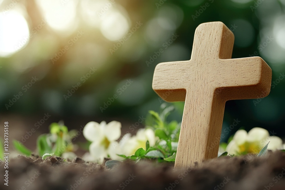 Wooden Cross Planted in the Ground Surrounded by White Flowers and Green Plants in Soft Sunlight Wooden Cross Planted in the Ground Surrounded by White Flowers and Green Plants in Soft Sunlight