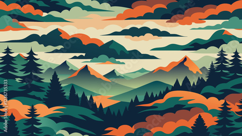 Seamless pattern with mountains, forest and clouds. Vector illustration