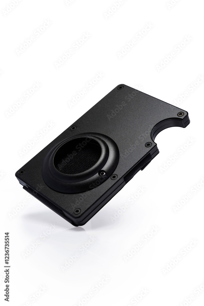 Fototapeta premium Black metal card holder on white background, black metal wallet, men's accessories 