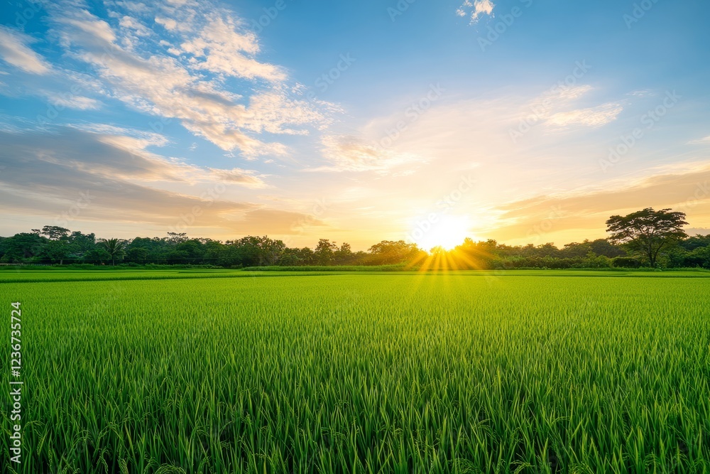 Vibrant sunset over a lush green paddy field. Vibrant sunset over a lush green paddy field.