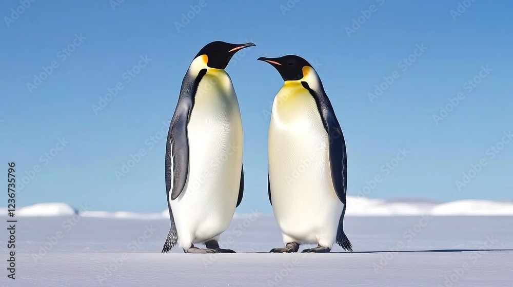 Obraz premium Two emperor penguins stand facing each other against a clear blue sky and snowy landscape, showcasing their distinctive black and white plumage.
