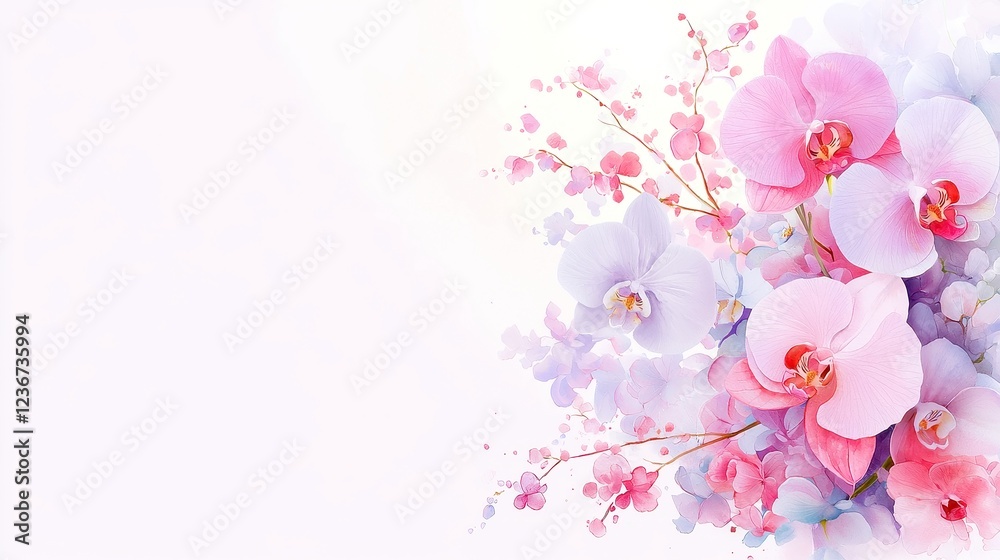 Naklejka premium Tropical Orchid Watercolor Border, vibrant pink and purple orchids entwined, creating a lush, exotic floral composition with a wholesome, artistic touch.