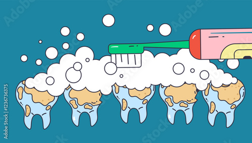 Cleaning tooth with toothbrush and toothpaste dental health. Vector flat graphic design element concept illustration	