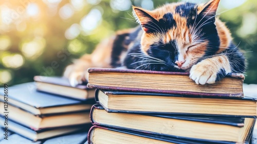 Calico Cat Napping on Stacked Books in a Cozy Outdoor Setting Capturing a Serene Moment in Nature photo