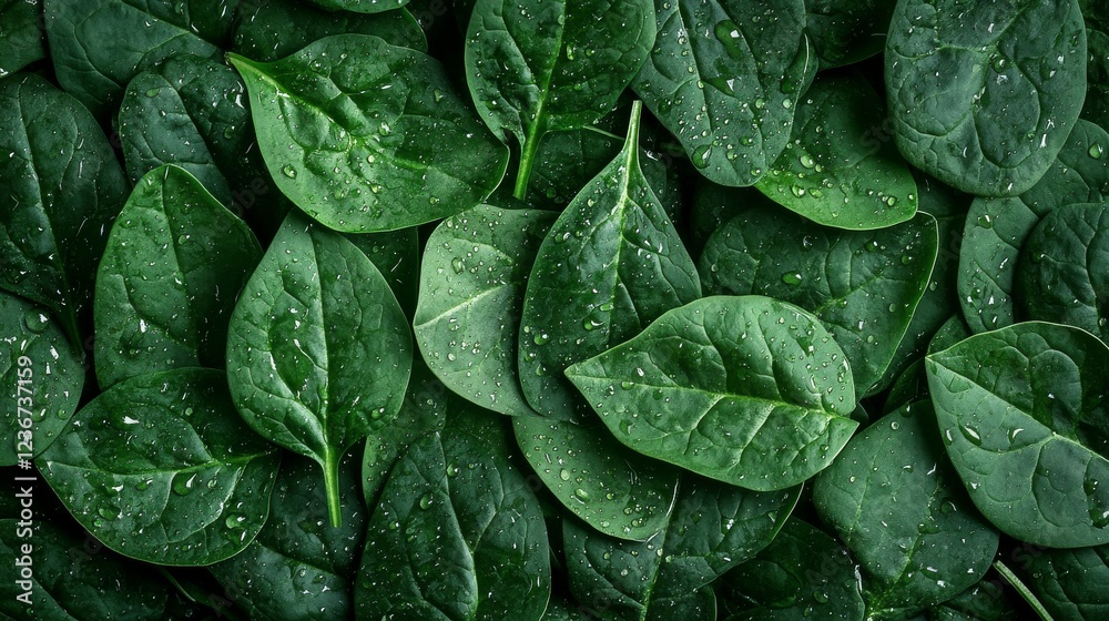 Fototapeta premium Background from fresh green spinach leaves with water drops. Texture of raw organic baby spinach close up. Food background