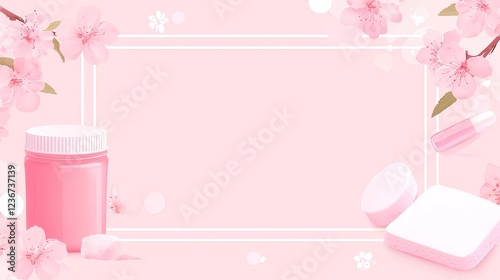 Soft Pink Cherry Blossom Frame, Delicate floral border with bold black outlines, geometric pop art style, featuring a cool, neon-lit color palette for a feminine touch.
