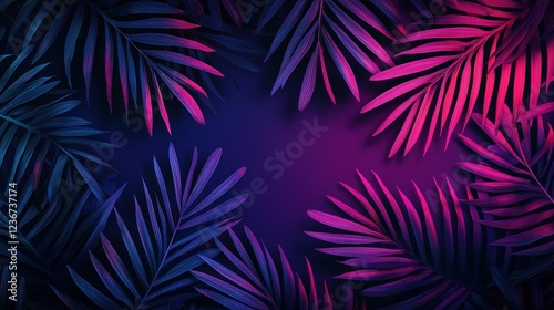Neon Tropical Leaves Frame on Dark Background