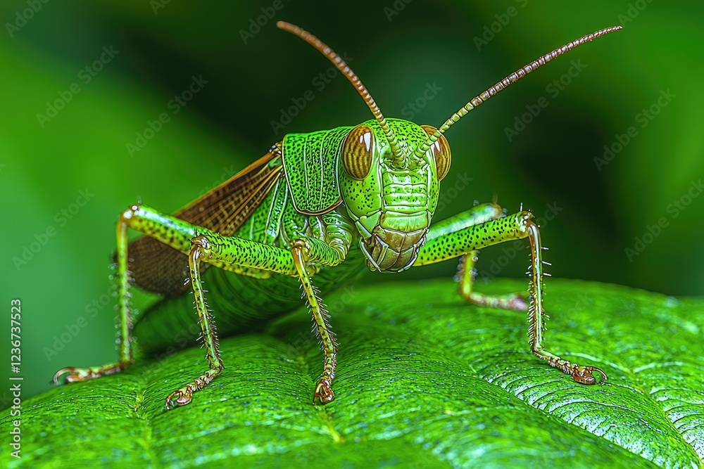 Fototapeta premium Vibrant Green Grasshopper Perched on a Leaf