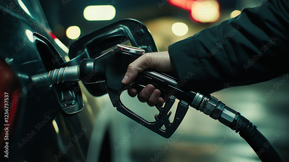Close up a person hand gripping the fuel nozzle as they insert it into the car’s gas tank at gas station Close up a person hand gripping the fuel nozzle as they insert it into the car’s gas tank at gas station