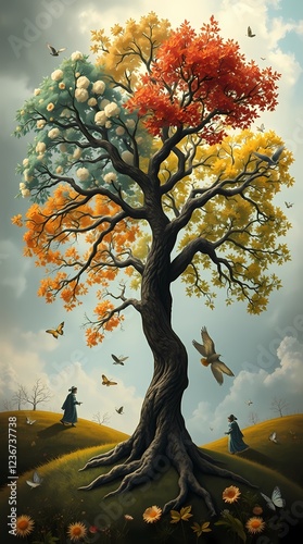 Tranquil Sunset View with Tree, Clouds, and Suburban Landscape

