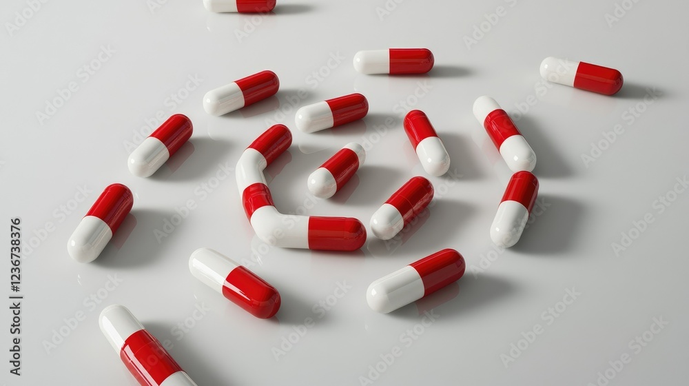 Medicine capsules forming a spiral shape on a reflective surface Medicine capsules forming a spiral shape on a reflective surface