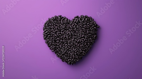 Heart Shape Created with Black Seeds on Purple Background