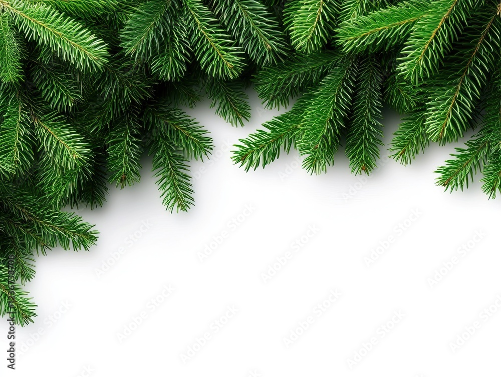 Lush green evergreen branches create a natural frame on a white background, perfect for seasonal decorations or nature-themed designs. Lush green evergreen branches create a natural frame on a white background, perfect for seasonal decorations or nature-themed designs.