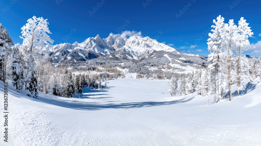 Snowy mountain vista, skiers' paradise, winter wonderland Snowy mountain vista, skiers' paradise, winter wonderland