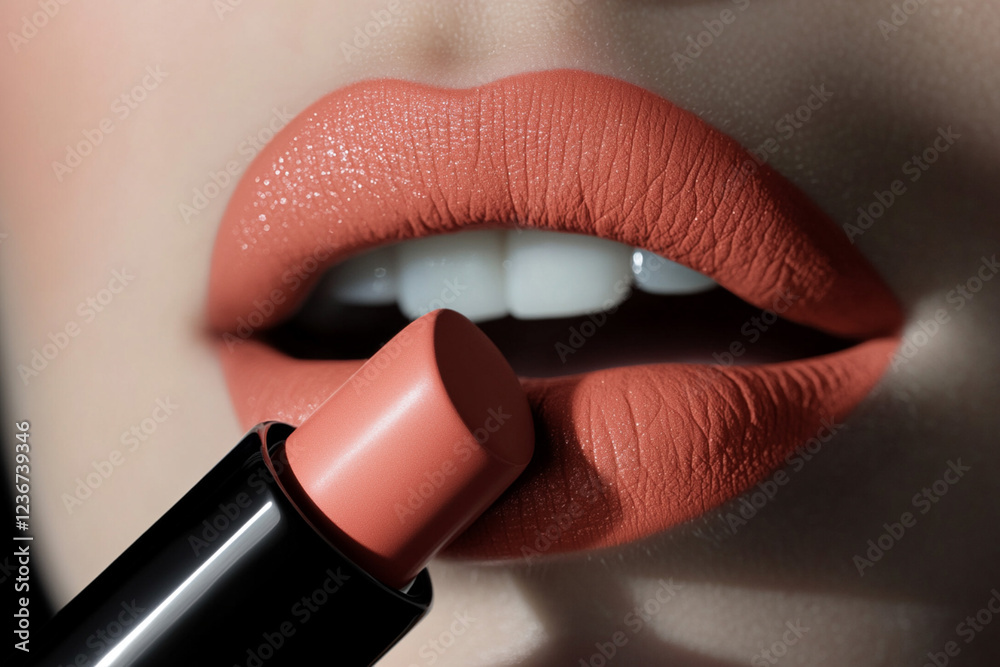 Obraz premium Closing in on perfect matte lips with beautiful peach lipstick in soft lighting